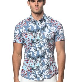 ST33LE Slate Blue Orchids Printed Stretch Jersey Knit Short Sleeve Shirt