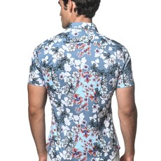 ST33LE Slate Blue Orchids Printed Stretch Jersey Knit Short Sleeve Shirt