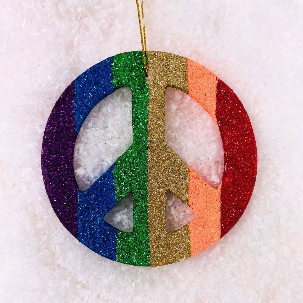 Cody Foster Rainbow Glitter Peace Sign Ornament