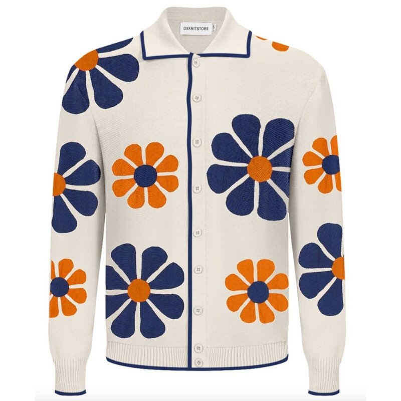 OxKnit 1950s Blue and White Floral Knit