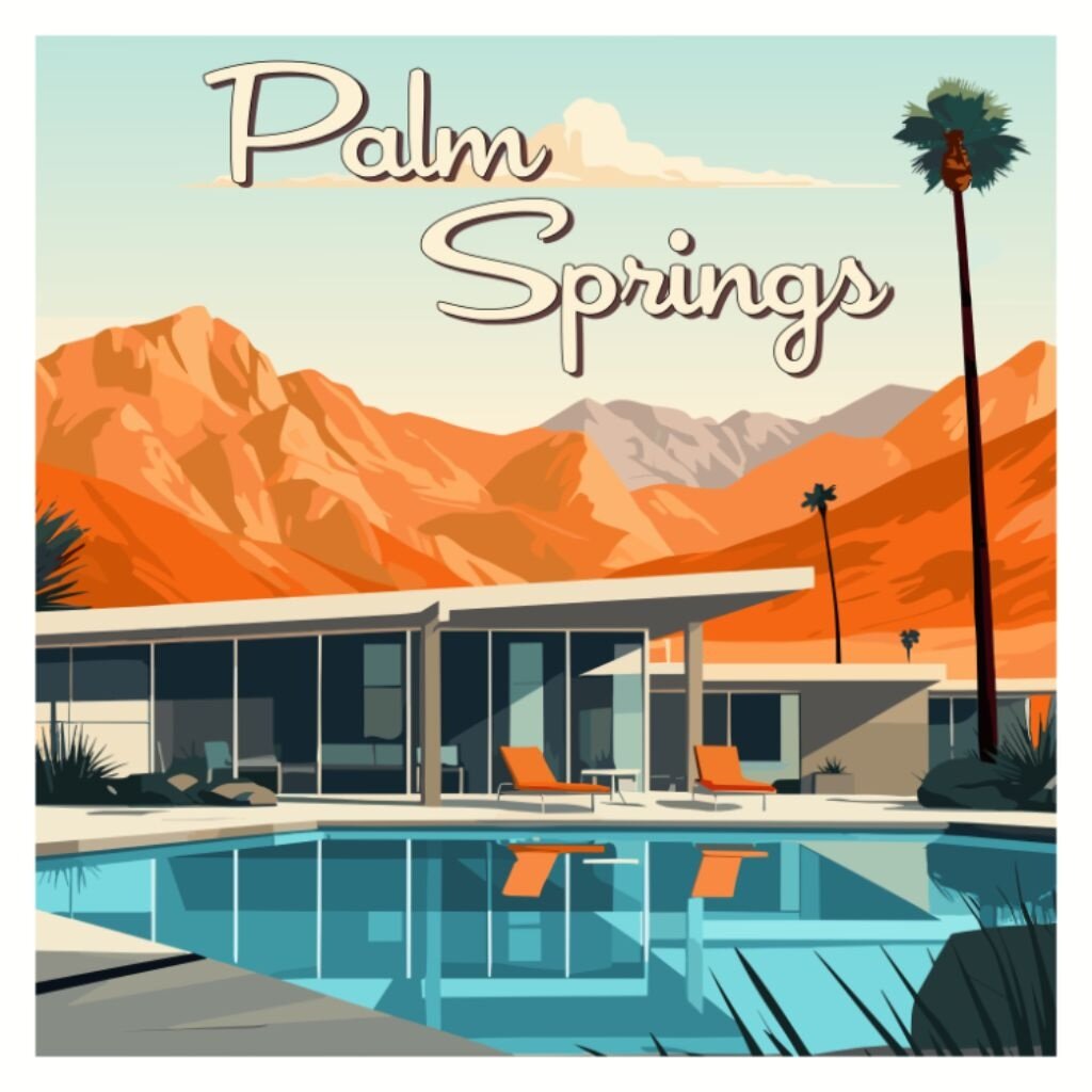 Deven & Ned Palm Springs Orange Mountain Sticker 3"