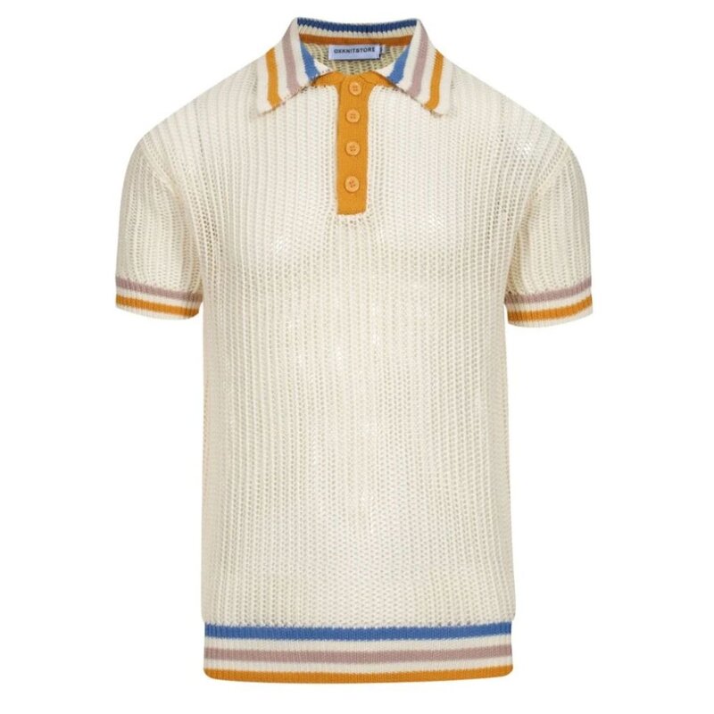 OxKnit Cream Vintage Striped Knit Polo