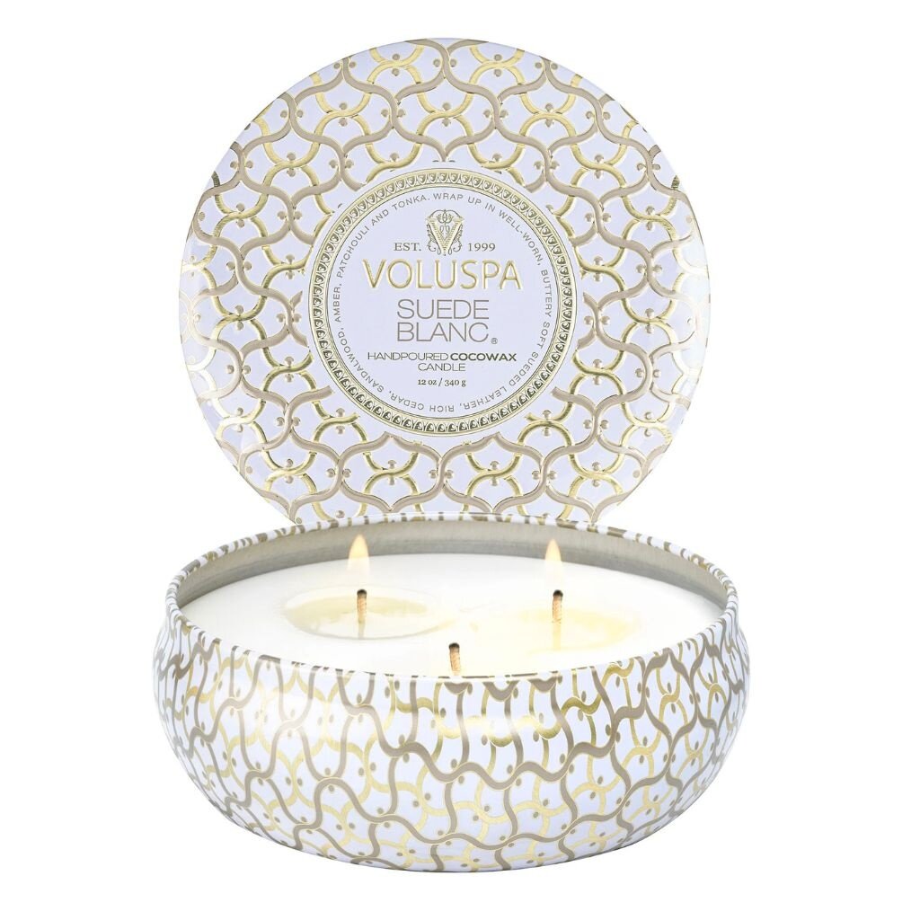 Voluspa Suede Blanc 3 Wick Tin Candle