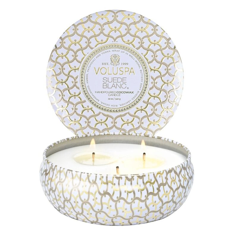 Voluspa Suede Blanc 3 Wick Tin Candle