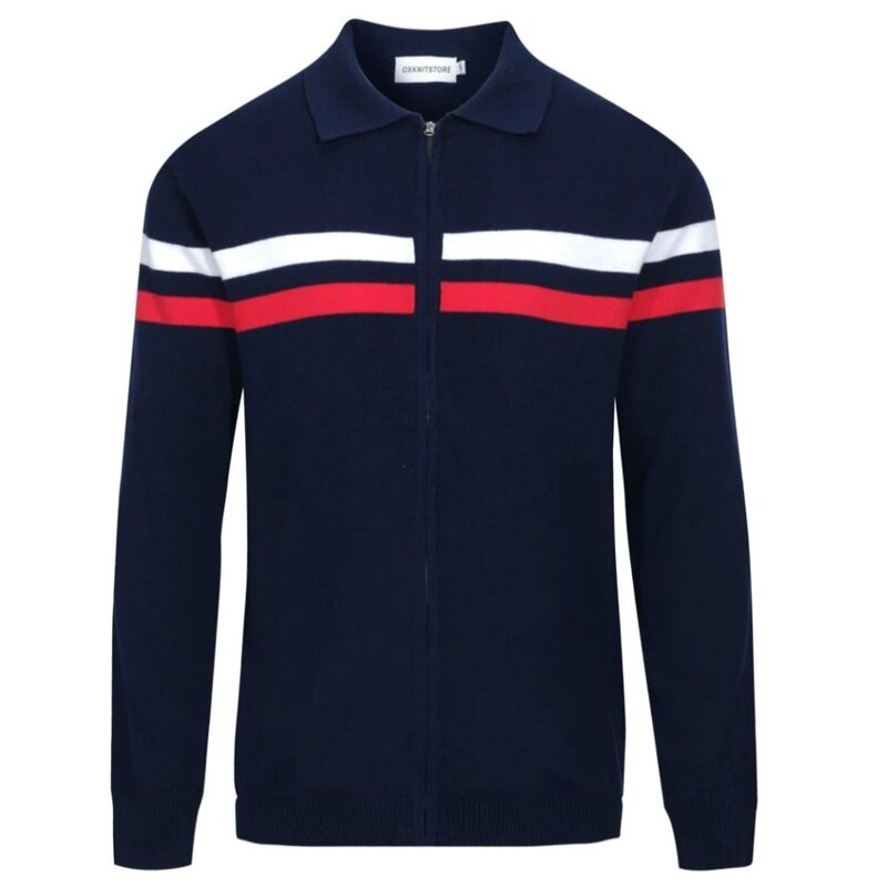 OxKnit Dark Blue Knitted Zip Cardigan White And Red Stripes