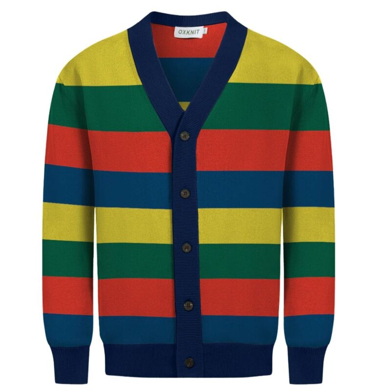 OxKnit Multi Color Horizontal Striped 5 Jacquard Cardigan