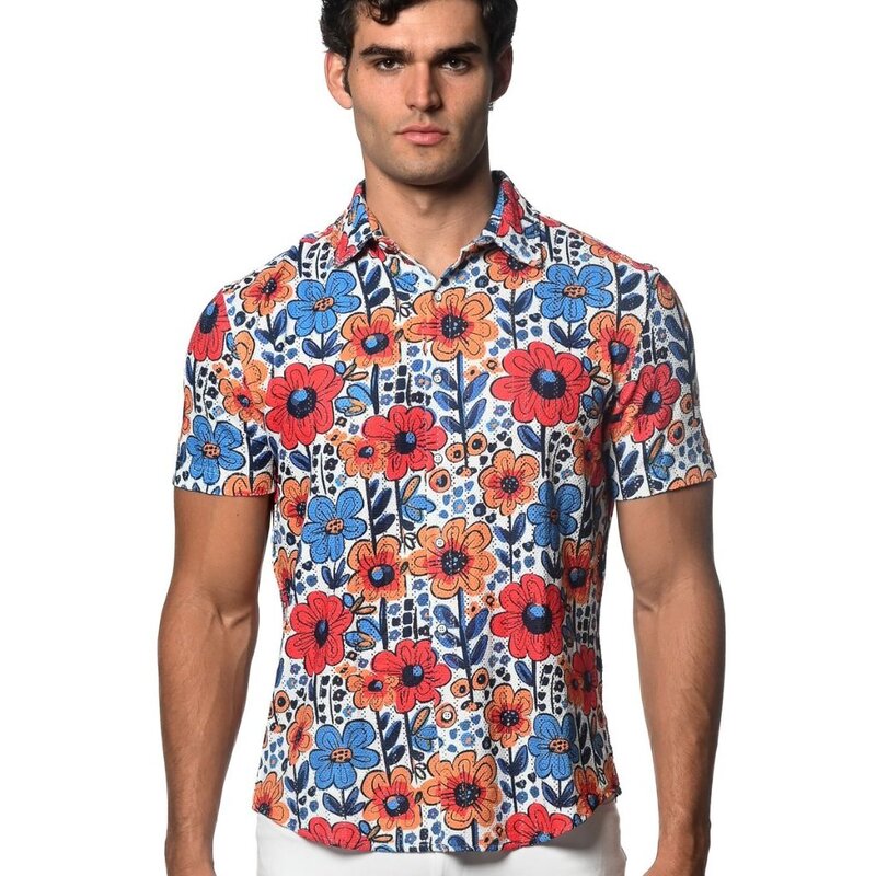 ST33LE (Steele) Red/Blue Floral Print Knit Shirt SP25 ST 48059