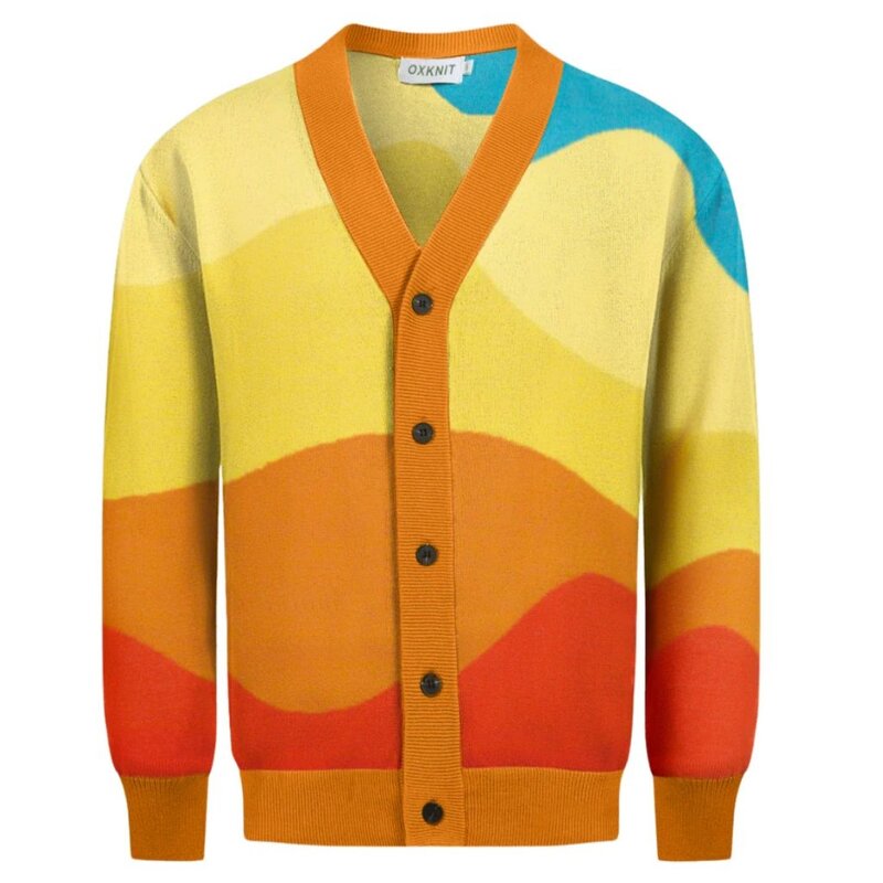 OxKnit Yellow Vintage Wavy Jacquard Cardigan