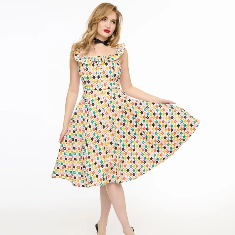 Unique Vintage & Smak Parlour 1950s Multicolor Diamond Print Barbara Swing Dress