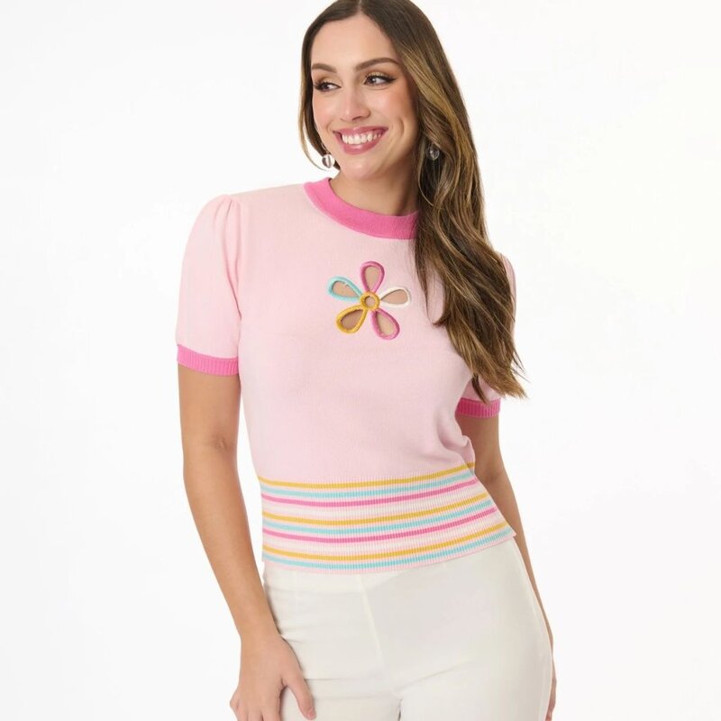 Unique Vintage & Smak Parlour Pink & Rainbow Flower Cutout Sweater