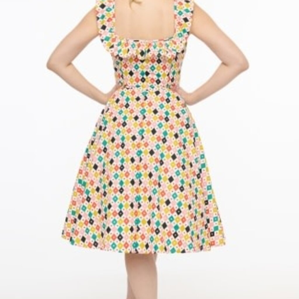 Unique Vintage & Smak Parlour 1950s Multicolor Diamond Print Barbara Swing Dress