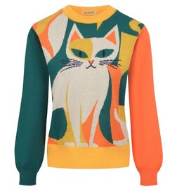 OxKnit Teal Orange Yellow Vintage Cat Sweater