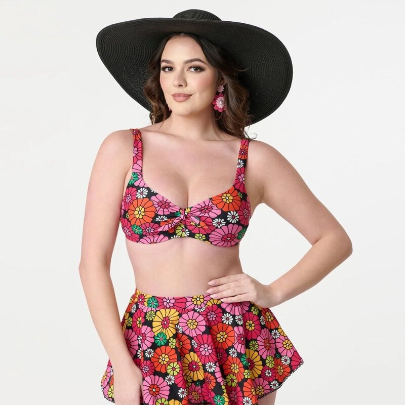 Unique Vintage & Smak Parlour Bikini Top with Front Bow Flower Child
