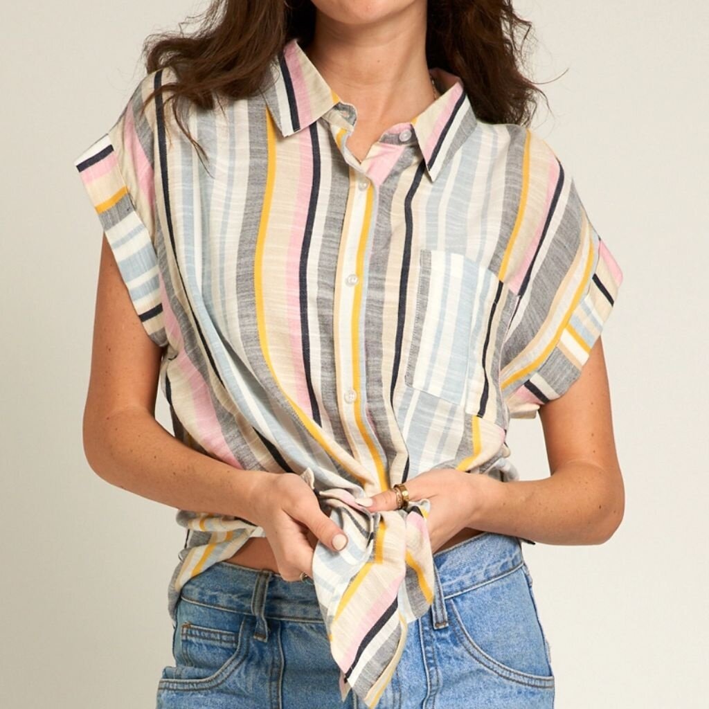 En Créme Striped Button Down Short Sleeve Top