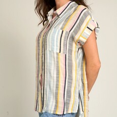 En Créme Striped Button Down Short Sleeve Top
