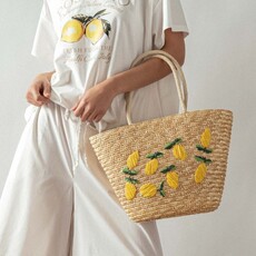 Urban Daizy SU25 Tropical Lemon Embroidered Straw Beach Tote