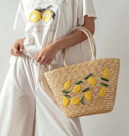 Urban Daizy SU25 Tropical Lemon Embroidered Straw Beach Tote