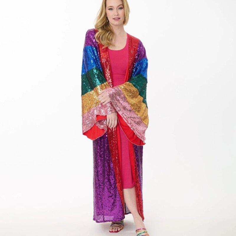 Unique Vintage & Smak Parlour Rainbow Sequin Striped Long Kimono