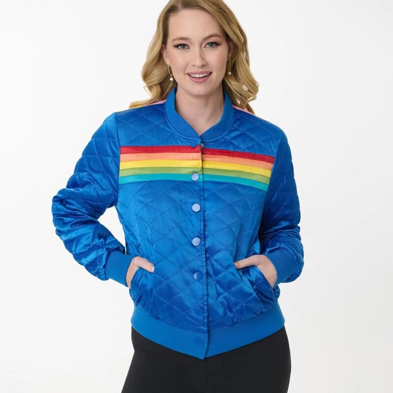 Unique Vintage & Smak Parlour uv ls blue w/rainbow quilted varsity jacket