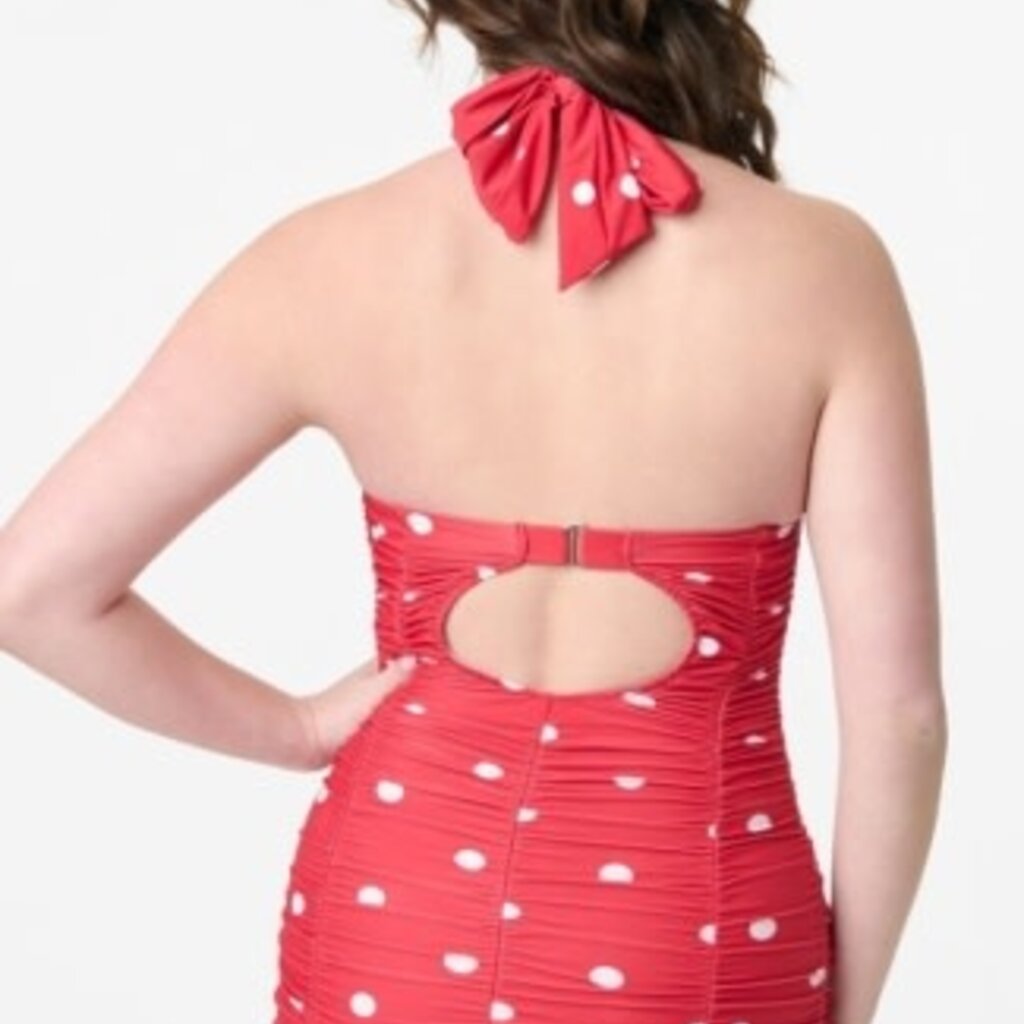 Unique Vintage & Smak Parlour Mansfield Halter One Piece Swimsuit Red & White Polka Dot