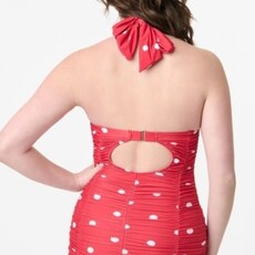 Unique Vintage & Smak Parlour Mansfield Halter One Piece Swimsuit Red & White Polka Dot