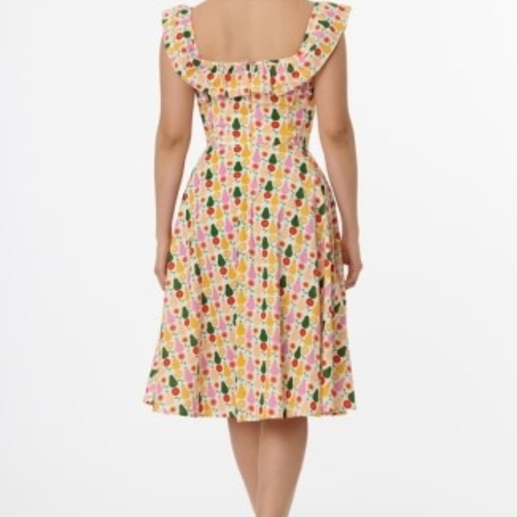 Unique Vintage & Smak Parlour Magnolia Place Multicolor Pear Print Cotton Barbara Swing Dress