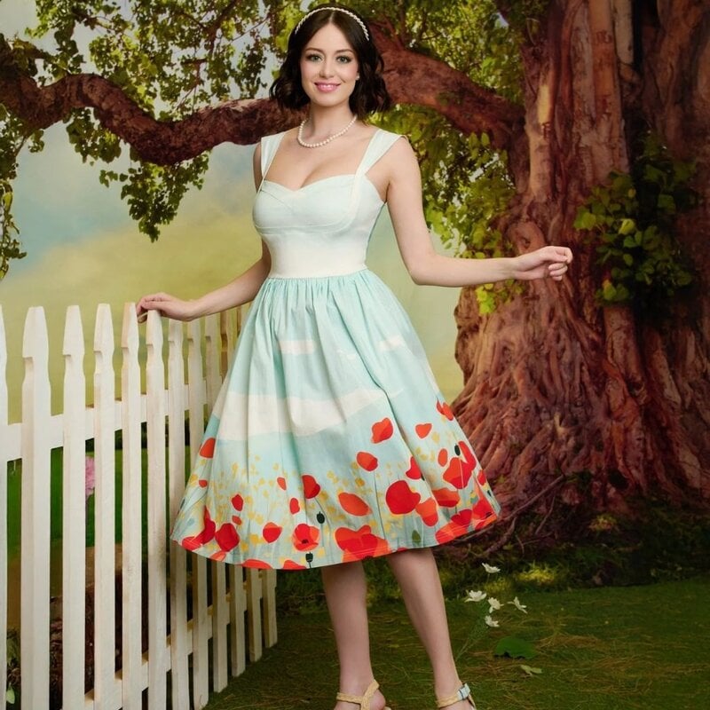 Unique Vintage & Smak Parlour Blue Sky & Poppy Field Sleeveless Swing Dress