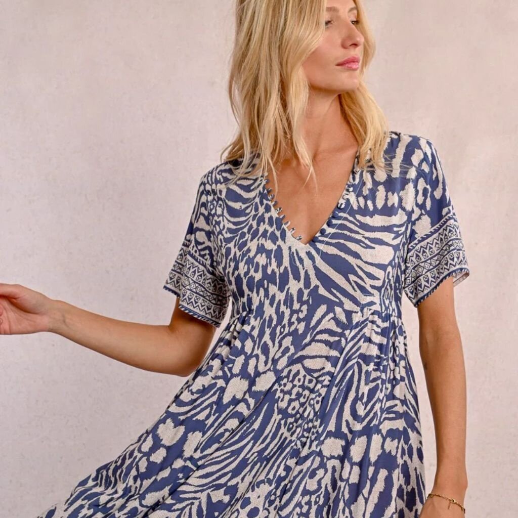 Molly Bracken SU25 Long Summer Dress Denim Blue Print