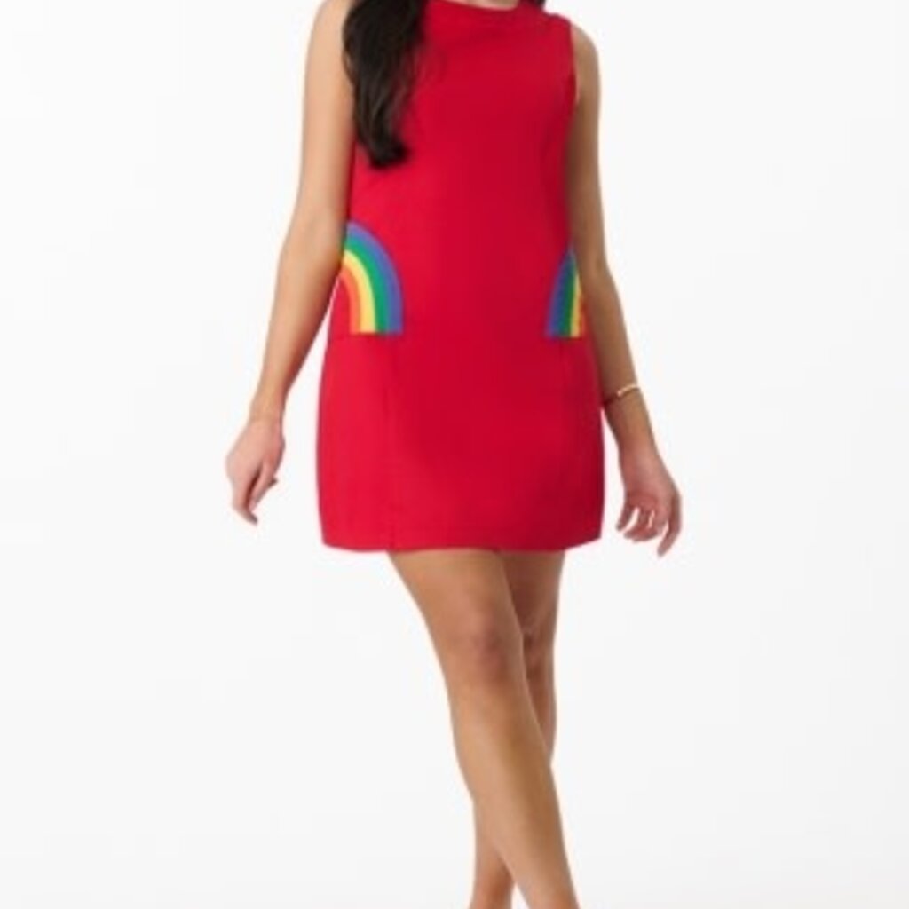 Unique Vintage & Smak Parlour Red Rainbow Pocket Mod Shift Dress