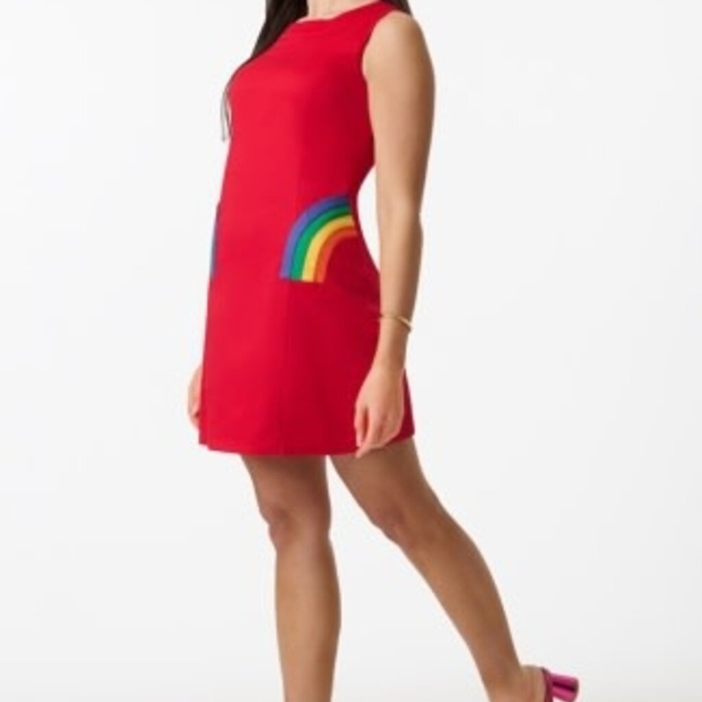 Unique Vintage & Smak Parlour Red Rainbow Pocket Mod Shift Dress
