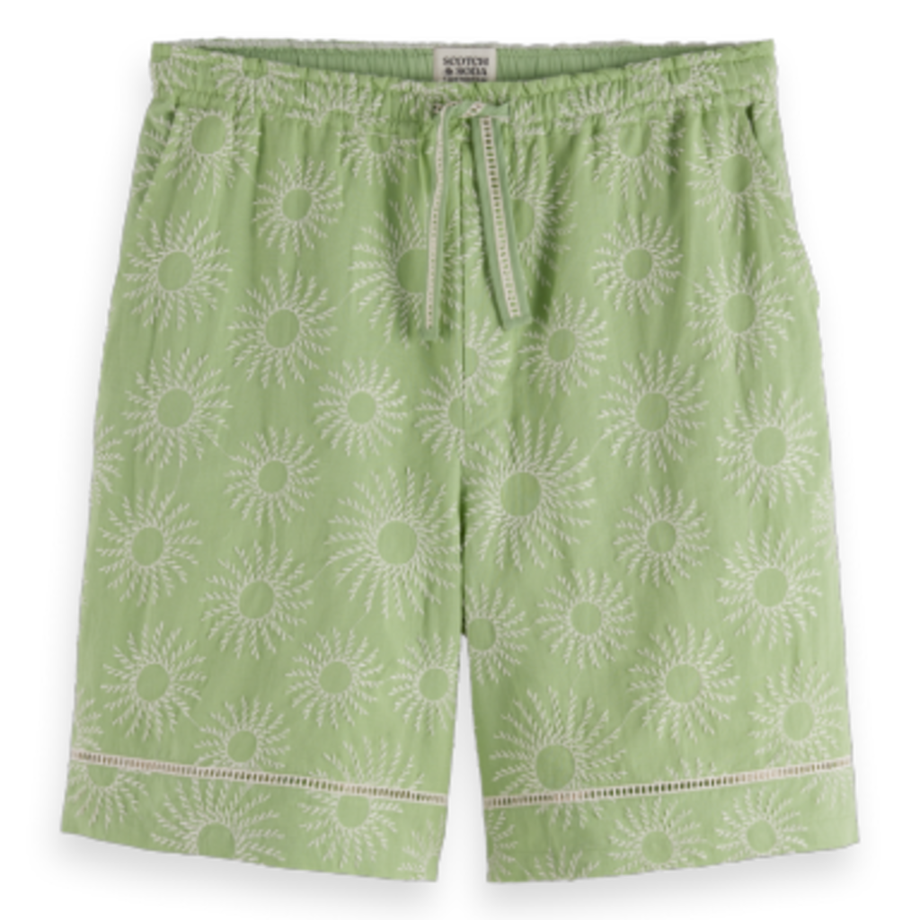 EMBROIDERED COTTON/LINEN BERMUDA SHORT