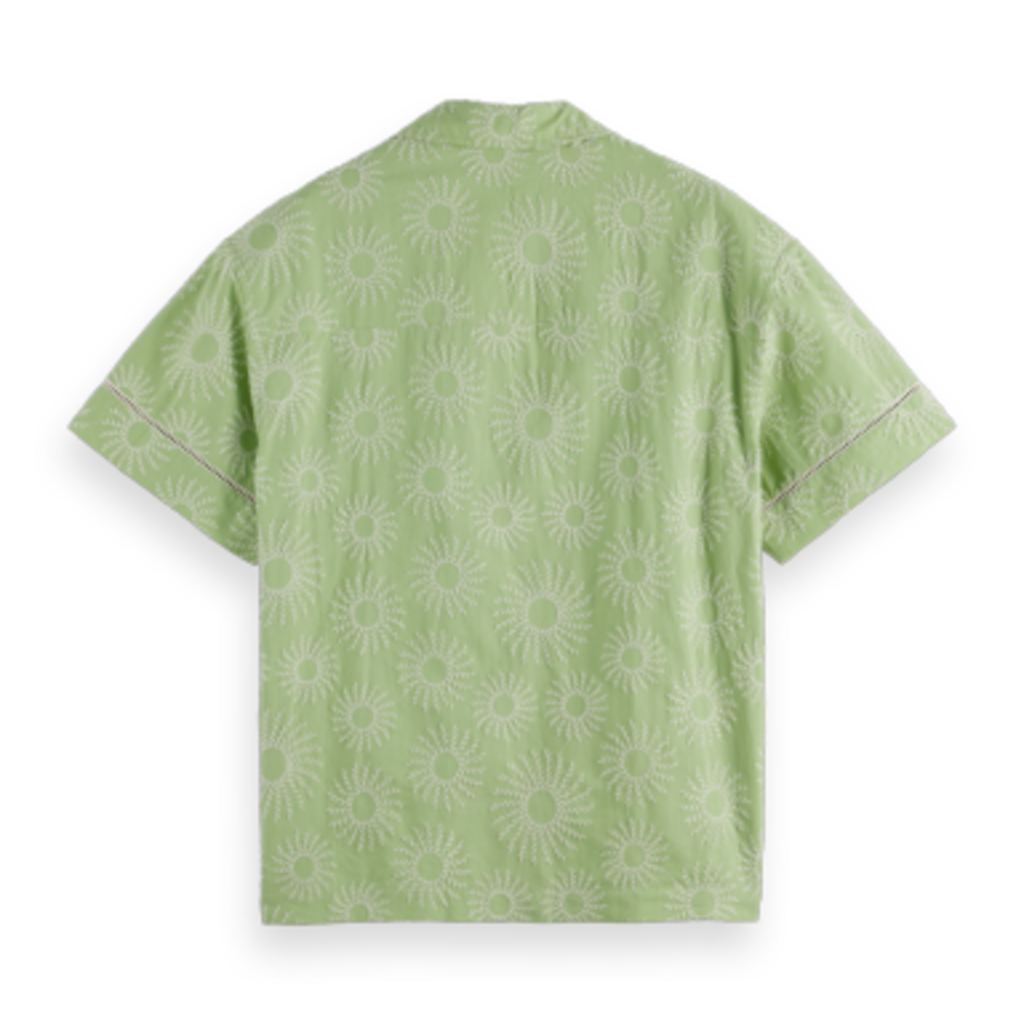 EMBROIDERED SHORT-SLEEVED LINEN-BLEND RELAXED-FIT SHIRT