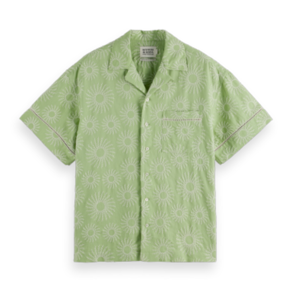 EMBROIDERED SHORT-SLEEVED LINEN-BLEND RELAXED-FIT SHIRT
