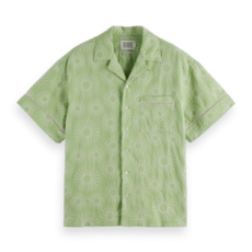 EMBROIDERED SHORT-SLEEVED LINEN-BLEND RELAXED-FIT SHIRT