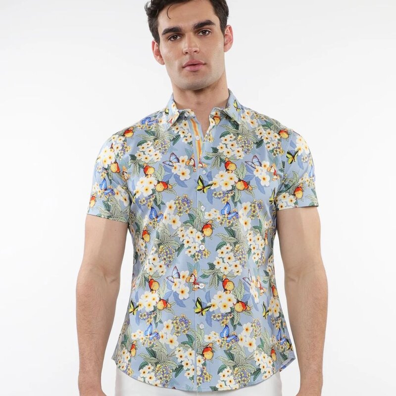 ST33LE (Steele) SUM25 ST 9321 Slate/Yellow Blossoms Printed Cotton Knit Shirt