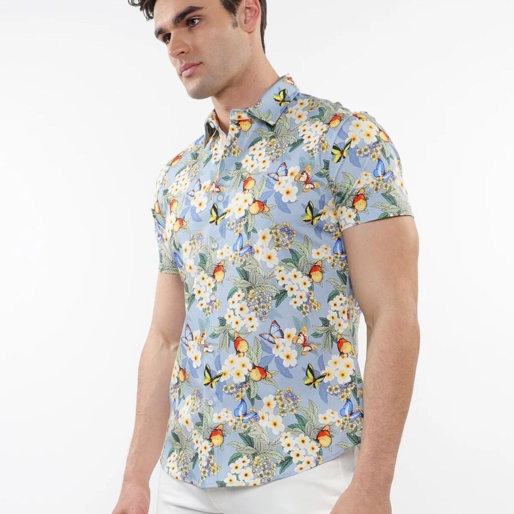 ST33LE (Steele) SUM25 ST 9321 Slate/Yellow Blossoms Printed Cotton Knit Shirt