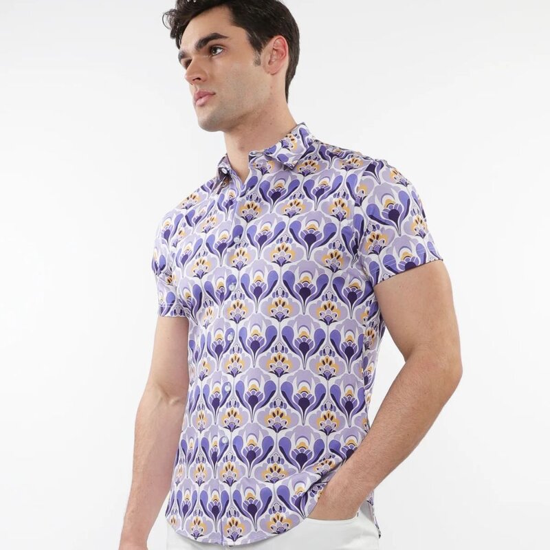 ST33LE (Steele) SUM25 ST 9324 Purple/Gold Floral Printed Knit Shirt