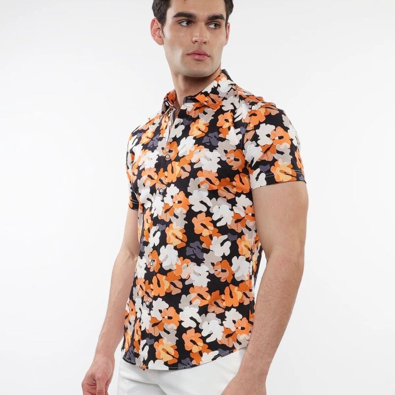 ST33LE (Steele) SUM25 ST 9310 Gray/Orange Floral Printed Knit Shirt