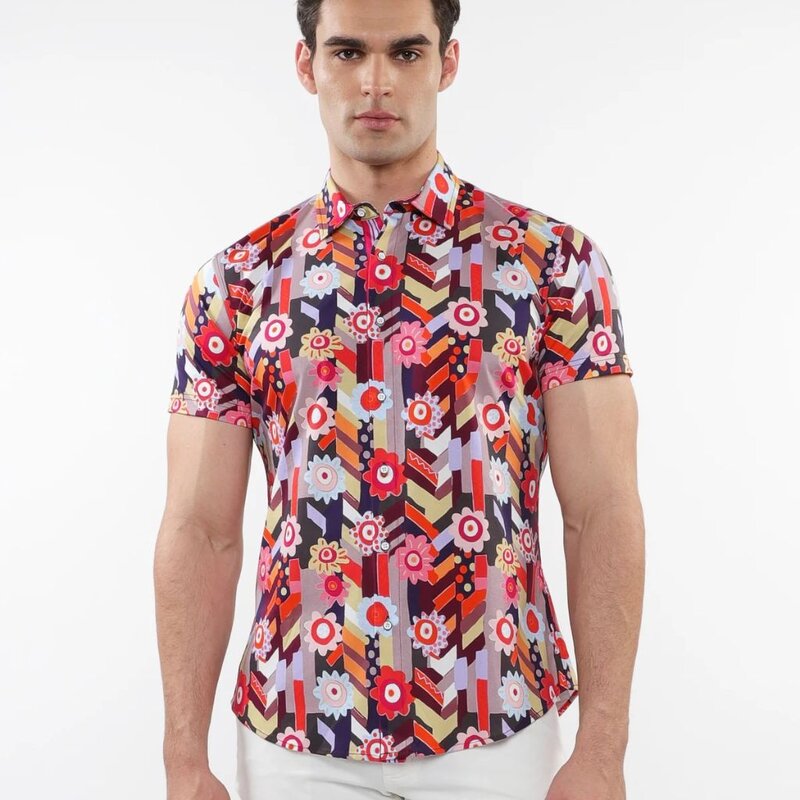 ST33LE (Steele) SUM25 ST 9313 Berry/Multi Abstract Printed Knit Shirt