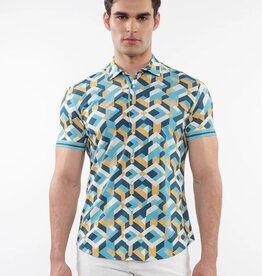ST33LE (Steele) SUM25 ST 26022 Turquoise/Ochre Parquet Print Performance Shirt