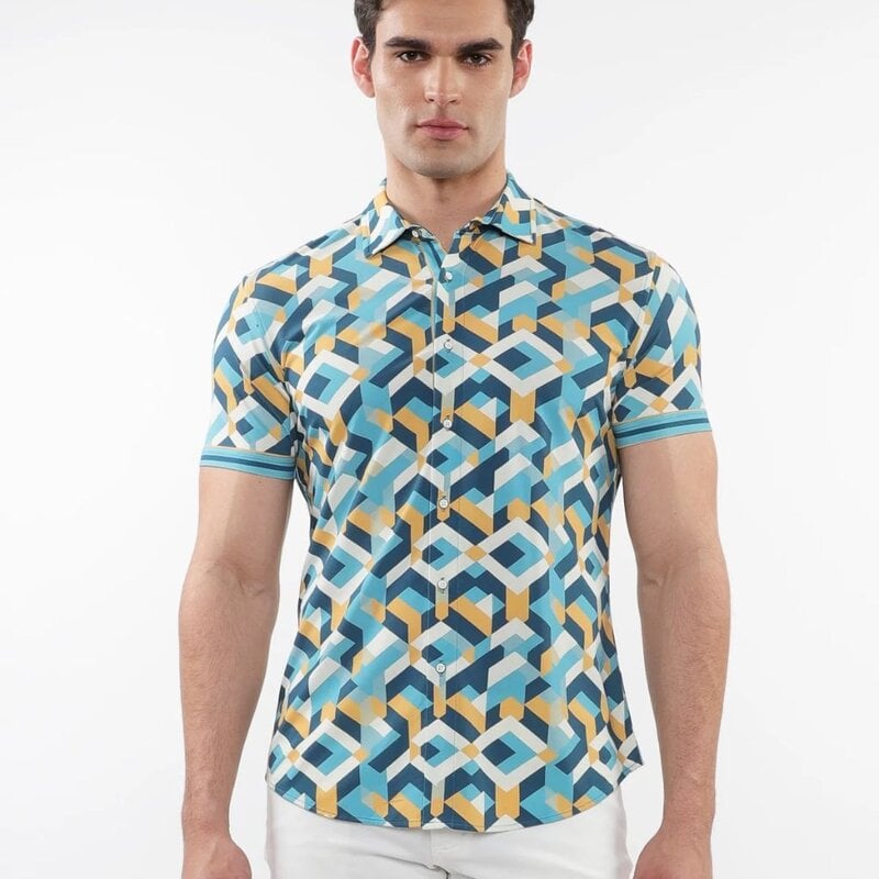 ST33LE (Steele) SUM25 ST 26022 Turquoise/Ochre Parquet Print Performance Shirt