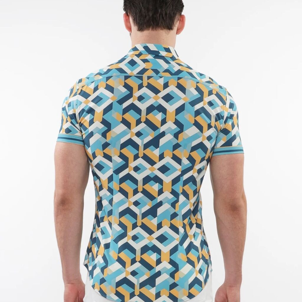 ST33LE (Steele) SUM25 ST 26022 Turquoise/Ochre Parquet Print Performance Shirt