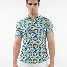 ST33LE (Steele) SUM25 ST 26022 Turquoise/Ochre Parquet Print Performance Shirt