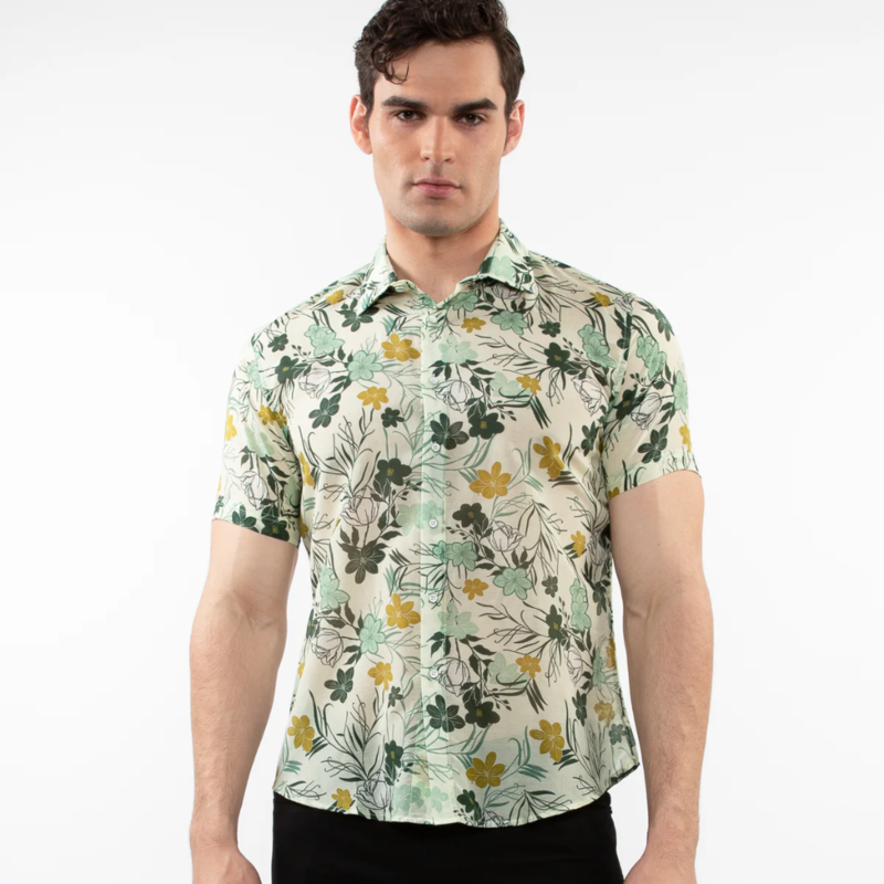 Postmarc SUM25 PM 46040 Fern/Ochre Floral Cotton Silk Short Sleeve Shirt