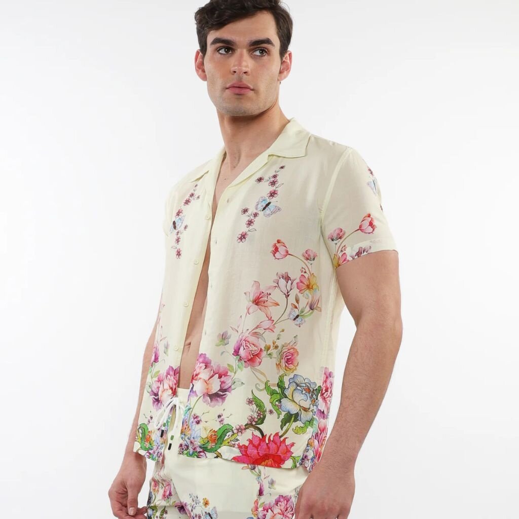 Postmarc SUM25 PM 49016 Cream/Multi Floral Print Modal Short Sleeve Shirt