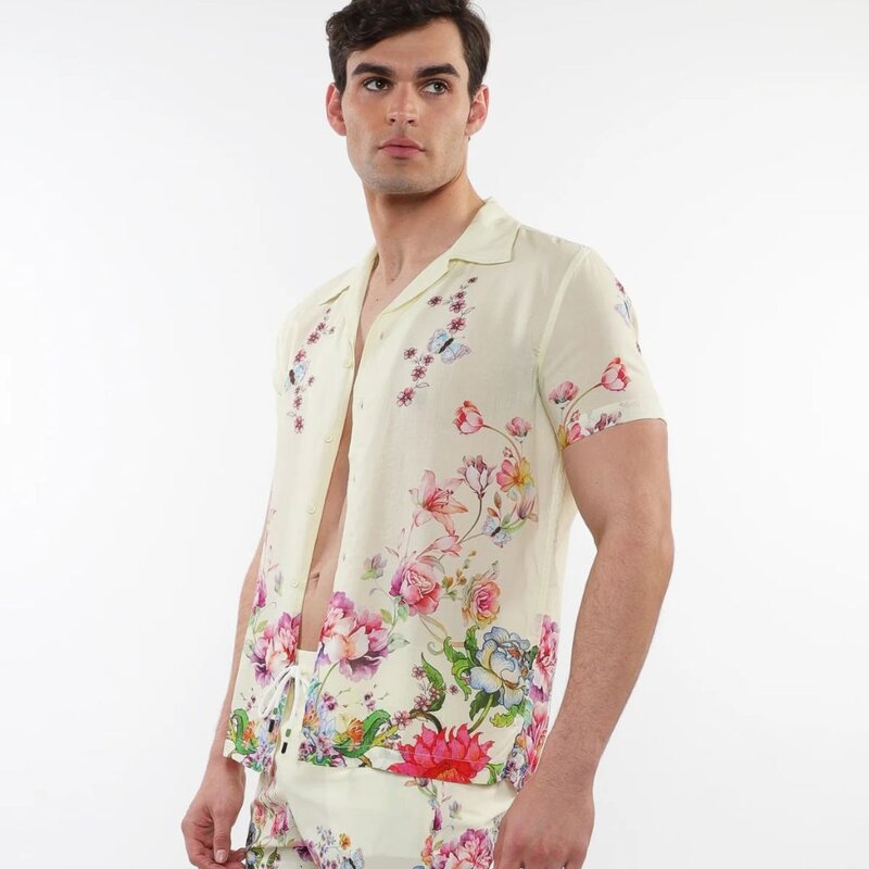 Postmarc SUM25 PM 49016 Cream/Multi Floral Print Modal Short Sleeve Shirt