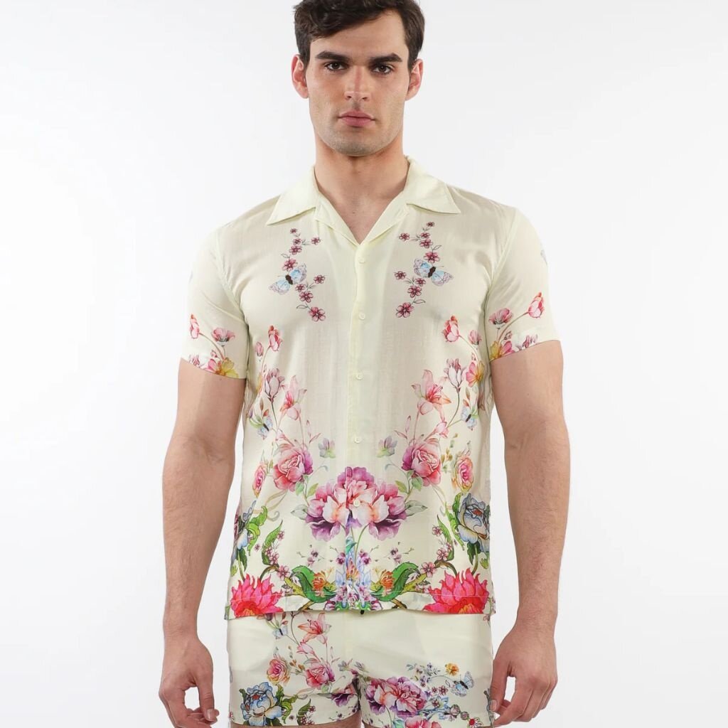 Postmarc SUM25 PM 49016 Cream/Multi Floral Print Modal Short Sleeve Shirt