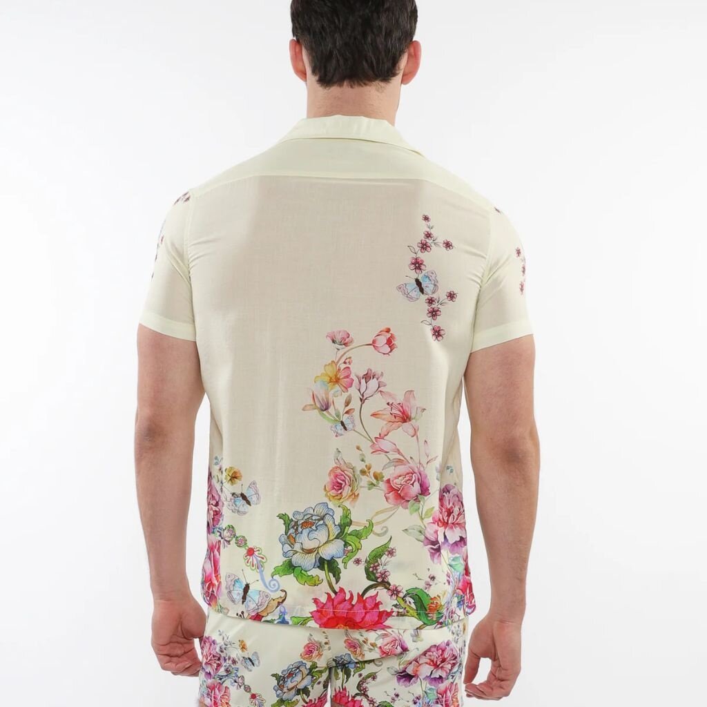 Postmarc SUM25 PM 49016 Cream/Multi Floral Print Modal Short Sleeve Shirt
