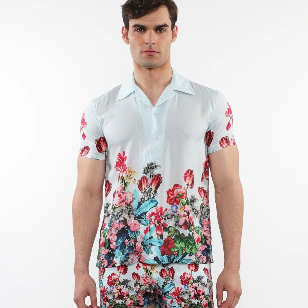 Postmarc SUM25 PM 490178 Mint/Multi Floral Print Modal Short Sleeve Shirt