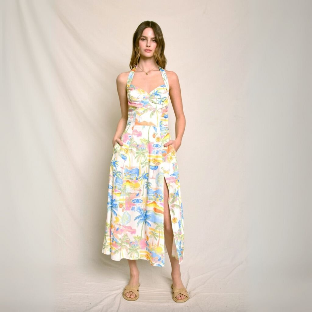 ★SUMMERSALE★TODAYFULMultiborderRibDress SUM25 Summer Somewhere Halter Neck Midi Dress - Peepa's